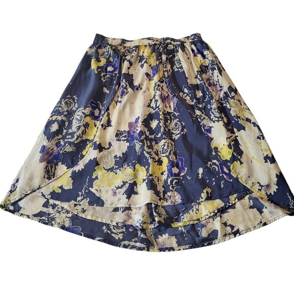 Three Dots Small 100% Silk HiLo Mini Skirt Waterfall Cape USA Made Blues Yellow - Picture 1 of 11